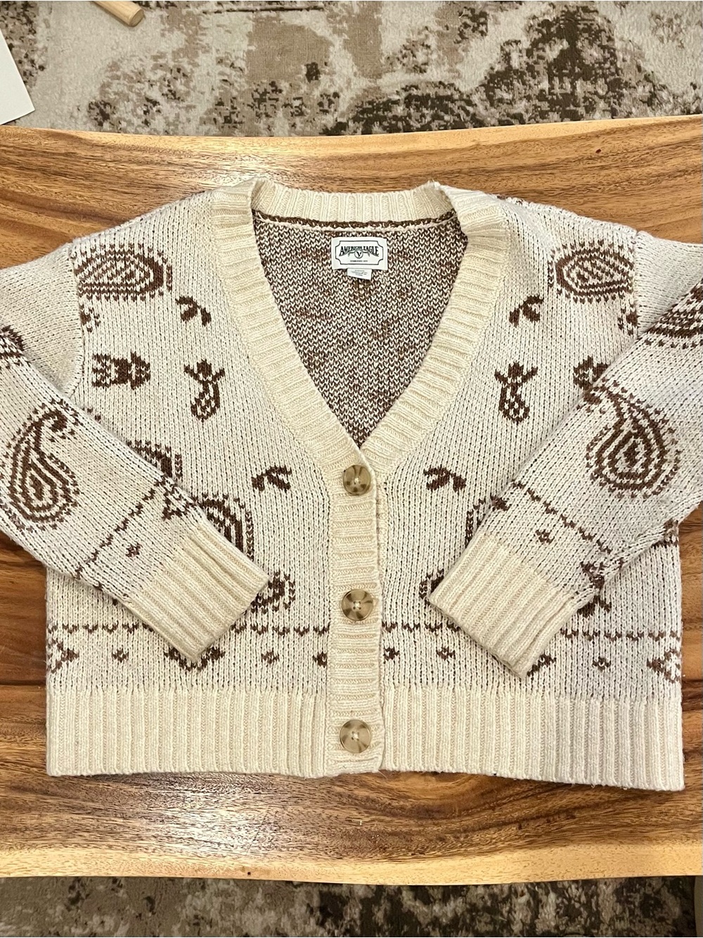 American Eagle Cream and Brown Paisley Knit Button Cardigan